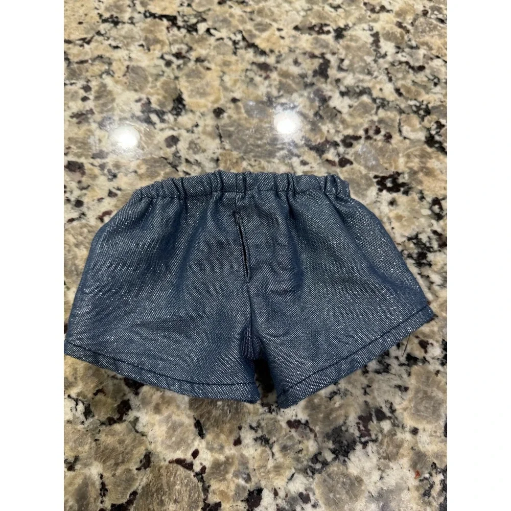 Build-A-Bear Workshop Blue Sparkle Denim Shorts with Tail Hole Logo Button - Picture 2 of 6